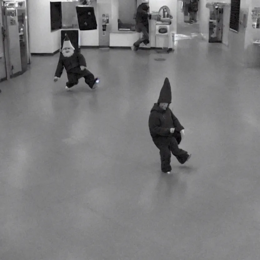 Prompt: cctv footage of a live gnome dancing