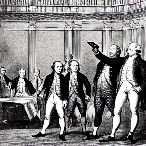 Prompt: taking a selfie at the constitutional convention, 1787, photograph, crowded