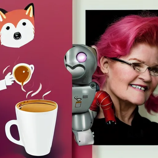 Image similar to captain janeway sharing coffee with a robotic fox with pink hair, in a french cafe, digital art