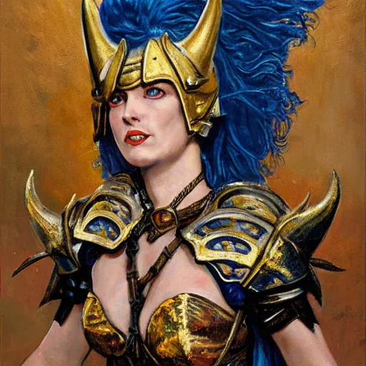 Prompt: painting of a woman in elaborate blue and gold armor with spiked horns on her helmet, painting by Frank Franzetta