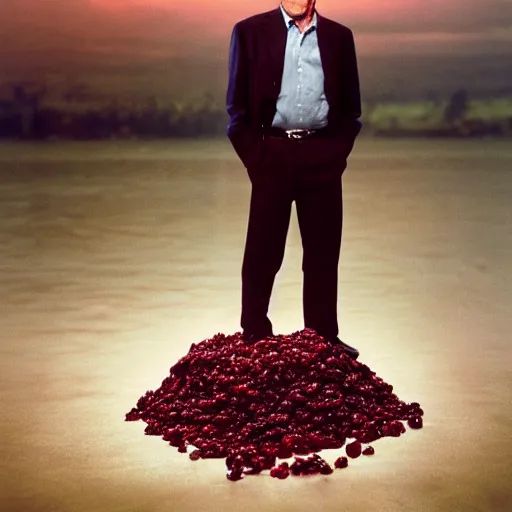 Image similar to tiny bryan cranston's body is a bowl of cranberries, head emerging from cranberries, submerged in cranberries, natural light, sharp, detailed face, magazine, press, photo, steve mccurry, david lazar, canon, nikon, focus