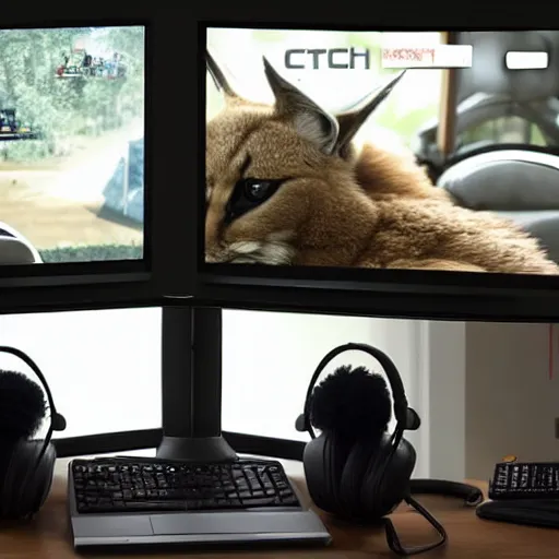 Image similar to view from behind from bed of a cute fluffy caracal wearing headset watching dual - monitors displaying call of duty and twitch, intricate detail, cinematic composition