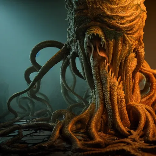 Image similar to full body pose, hyperrealistic photograph of the horror of cthulhu, dim volumetric lighting, 8 k, octane beautifully detailed render, extremely hyper detailed, intricate, epic composition, cinematic lighting, masterpiece, trending on artstation, very very detailed, stunning, hdr, smooth, sharp focus, high resolution, award, winning photo, dslr, 5 0 mm