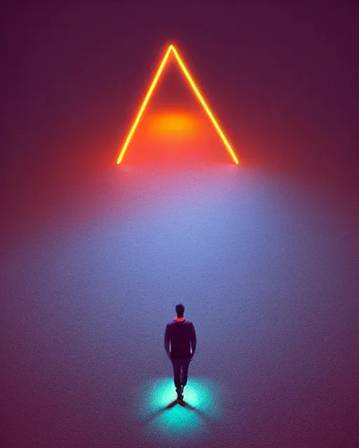 Image similar to a man standing in the middle of a mountain with a glowy neon triangle, a render by filip hodas, behance contest winner, environmental art, rendered in cinema 4 d, volumetric lighting