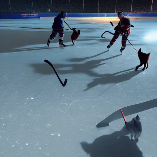 Image similar to cats playing ice hockey, unreal engine 5 4 k, hyperdetailed photorealism, extremely high quality