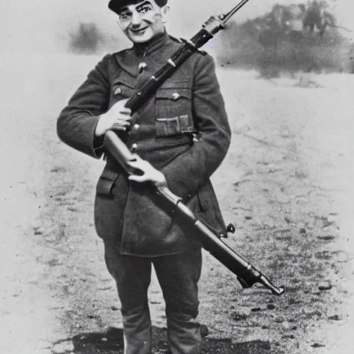 Image similar to old wartime photograph of mr. bean holding a lewis gun, 1 9 1 7