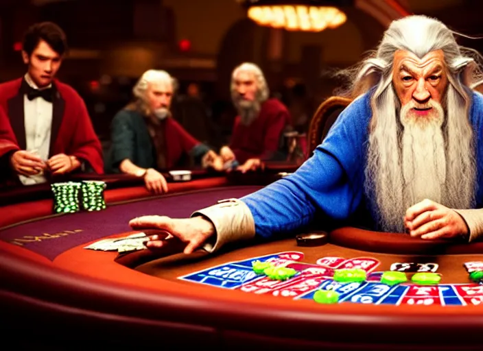 Image similar to film still of gandalf gambling in a casino in new pixar movie, 8 k