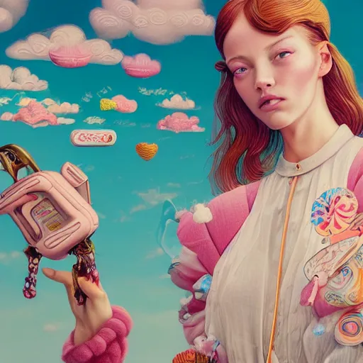 Image similar to pretty model with clouds and candy : : by martine johanna and simon stalenhag and chie yoshii and casey weldon and wlop : : ornate, dynamic, particulate, rich colors, intricate, elegant, highly detailed, vogue, harper's bazaar art, fashion magazine, smooth, sharp focus, 8 k, octane render