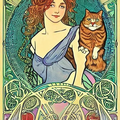 Image similar to lady with long curly hair with a cat beside her, celtic spread tarot cards on a table in front of her, elegant face, in a gypsy tent with Alphonse Mucha art nouveau poster style, with thin lines and pastel colors,