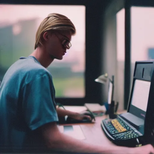 Image similar to kodak portra 4 0 0 photograph of a skinny blonde guy sitting at a 9 0 s computer screen, messy desk, back view, moody lighting, telephoto, 9 0 s vibe, blurry background, vaporwave colors!, faded!,