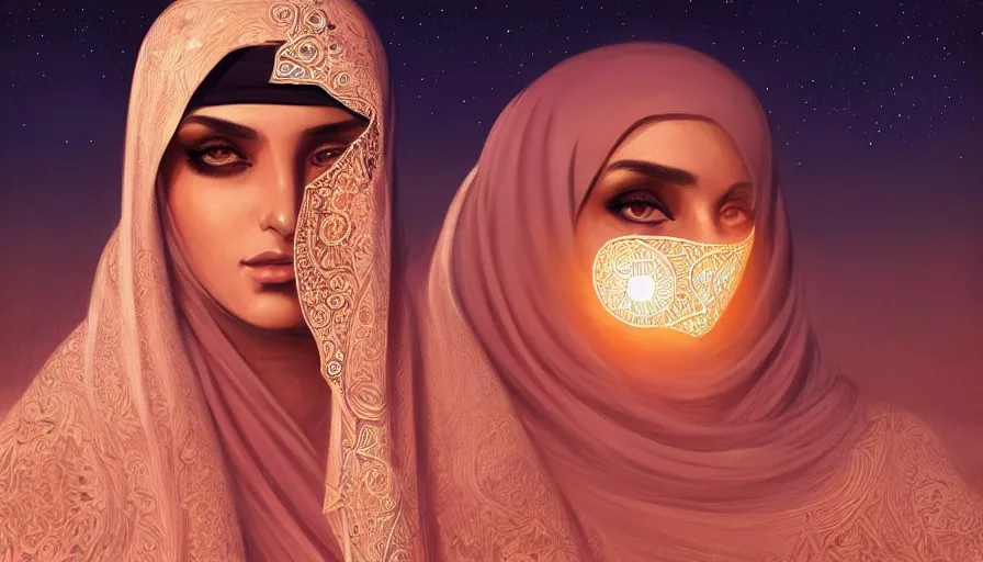 Image similar to Portrait of very very very very very very beautiful Arab woman wearing a Niqab, glowing magical eyes, energy trails, under giant full moon in the desert, intricate, elegant, highly detailed, digital painting, artstation, concept art, smooth, sharp focus, illustration, art by artgerm and greg rutkowski and alphonse mucha