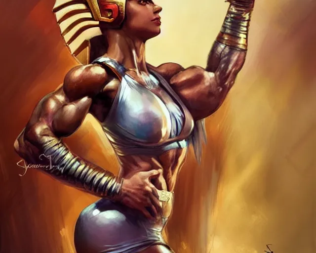 Image similar to portrait of samus aran as a very attractive female bodybuilder egyptian queen, elegant, fantasy, hd shot, digital portrait, beautiful, artstation, comic style, by artgerm, guy denning, jakub rozalski, magali villeneuve and charlie bowater