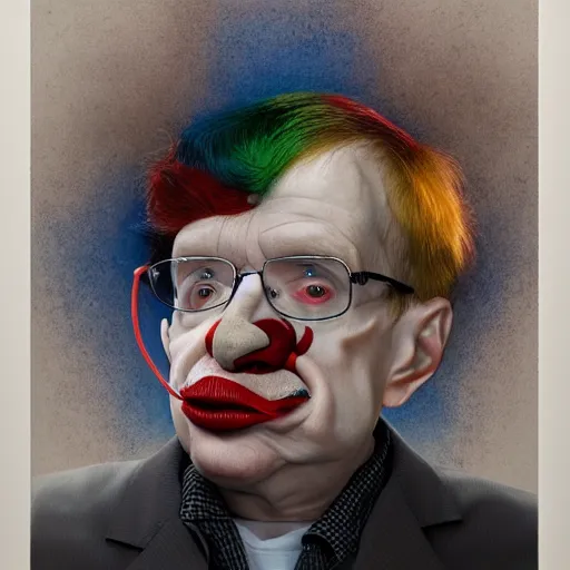 Prompt: UHD hyperrealism painting of Stephen Hawking wearing accurate clown makeup, clown costume, and correct clown face, by Antonio Caparo and Ferdinand Knab and Greg Rutkowski, UHD, photorealistic, trending on artstation, trending on deviantart, correct face, realistic clown makeup