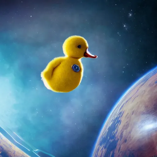 Image similar to A still of a little astronaut duckling floating in space, 4k, photograph, photoreal, realistic, highly detailed, epic lighting, awar winning