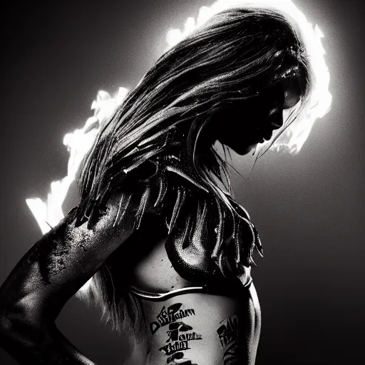 Prompt: cyborg devil flames and fire calvin klein underwear advertisement photography by david yarrow