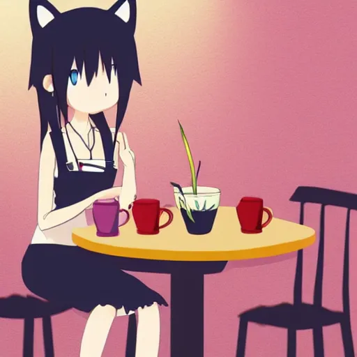 Image similar to anime cute girl with cat ears and cat tail sitting in a cafe looking at camera, moescape, studio ghibli, digital art, clean lines, cartoon