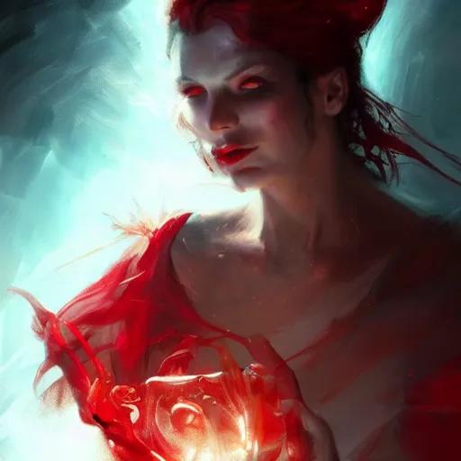 Prompt: a beautiful artwork of a scarlet sorceress performing magic, by raymond swanland, featured on art station, lighting study, concept art, beautiful composition, rim light