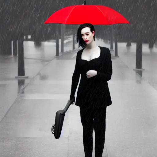 Image similar to stoya realistic expired kodak film full body portrait of an woman in street with an umbrella, hyperrealism, hypermaxiymalism, photorealistic, detailed, atmospheric, 8 k, award winning photography, cinematic