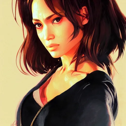 Image similar to jennifer lopez portrait as manga girl, realistic shaded perfect face, fine details. anime. realistic shaded lighting poster by ilya kuvshinov katsuhiro otomo ghost - in - the - shell, magali villeneuve, artgerm, jeremy lipkin and michael garmash and rob rey