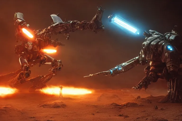 Image similar to VFX movie of a futuristic inhuman alien spacemarines Mech in future spaceship, firing gun at alien horde detailed creature skin neon lighting by Emmanuel Lubezki