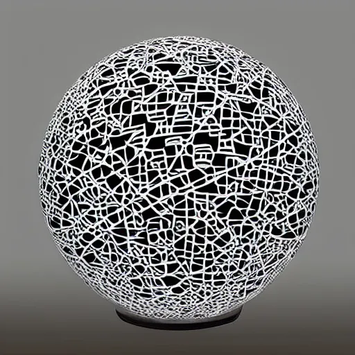 Prompt: : black sphere with white maze pattern carved in it , gallery art installation Museum