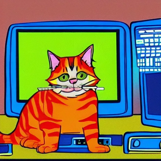 Prompt: computer monitor with a cat stuck inside, surreal, colorful, Ralph Bakshi