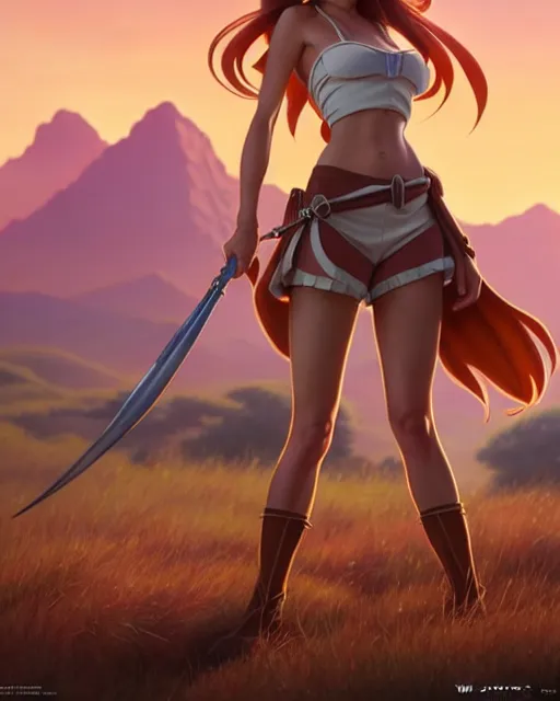 Image similar to weta disney pixar movie still pinup photo of asuna from sao : : as sunburnt cowgirl village woman by pixar : : by weta, greg rutkowski, wlop, ilya kuvshinov, rossdraws, artgerm, marvel, maxim cover, latex, octane render, sweaty, iridescent, bright morning, anime, liosh, mucha : :