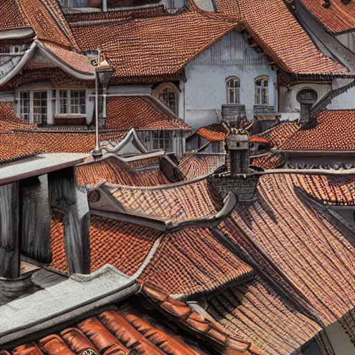Prompt: traditional city with tiled roofs surrounded by a wooden wall, texture, intricate, details, highly detailed, masterpiece, architecture, building, trending on artstation, focus, sharp focus, concept art, digital painting, fantasy, sunny, day, midday