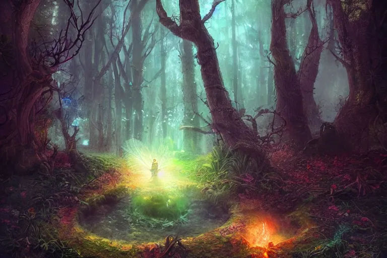 Image similar to Lost Fairy Portal to the Flame Realm Hidden in the Deep Woods, atmospheric, volumetric lighting, realistic, illustration, fantasy, magic, arcane energy, ultra detailed