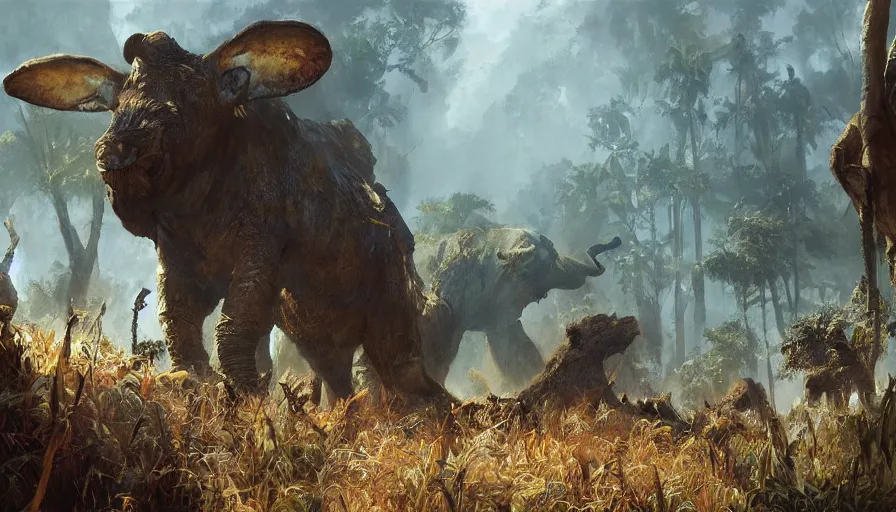 Prompt: craig mullins illustration of the dark continent, jungle wilderness filled with megafauna, colorful highly detailed, award winning, hyper realism, realistic shading, cinematic composition, dramatic lighting, colorful, detailed textures, photorealistic, wide shot