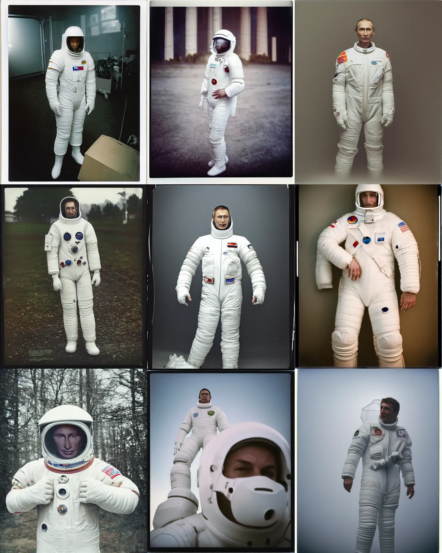 Prompt: giant oversized cladimir putin in white spacesuit, in legnica, medium shot, very realistic, documentary, cinematic focus, polaroid photo, vintage, neutral colors, soft lights, foggy, by gregory crewdson