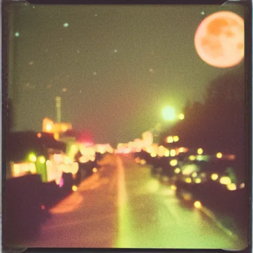 Prompt: colorful instant photograph of the moon in a city at night, polaroid, light leak, raw, nostalgic