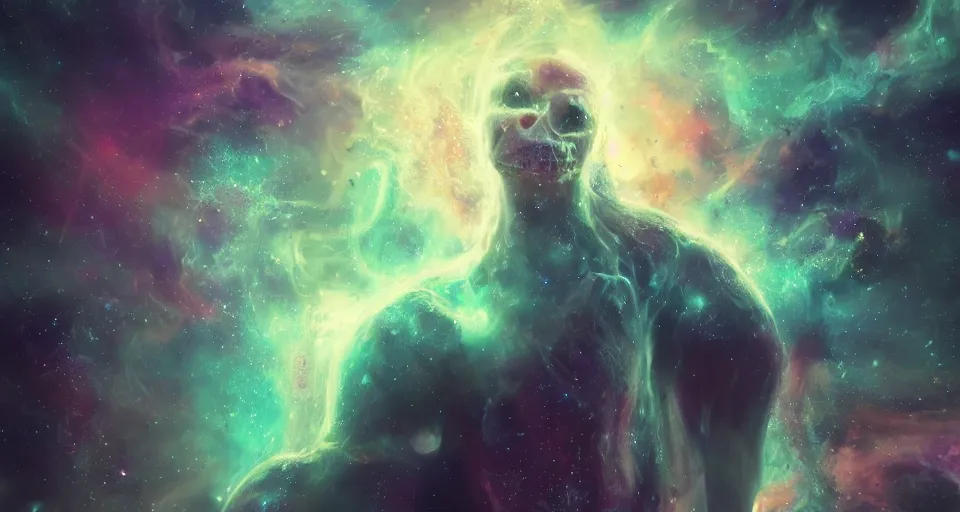 Prompt: a photo of one enormous humanoid pearlescent!! smoke!! nervous system skeletal ephemeral!! cosmic! old god!! floating in space!! in a nebula!!!!, 4 k, unreal engine, concept art, matte painting, cosmic horror!!, nightmare, color accents,