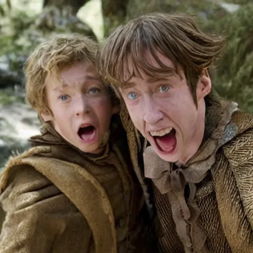 Prompt: movie still of hugh jackman as willhelm tell and macaulay culkin as his son. scene of tell shooting apple from the head of his son, in the style of peter jackson