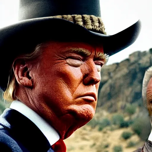 Prompt: donald trump playing the role of clint eastwood, squinting at high noon, in the style of a clint eastwood movie, the good, the bad and the ugly, distinguished, clint eastwood, vibe, glory days, mount rushmore, stern, resolve, formal, justice, american flag, independence, patriotism, symmetry, centered, balance