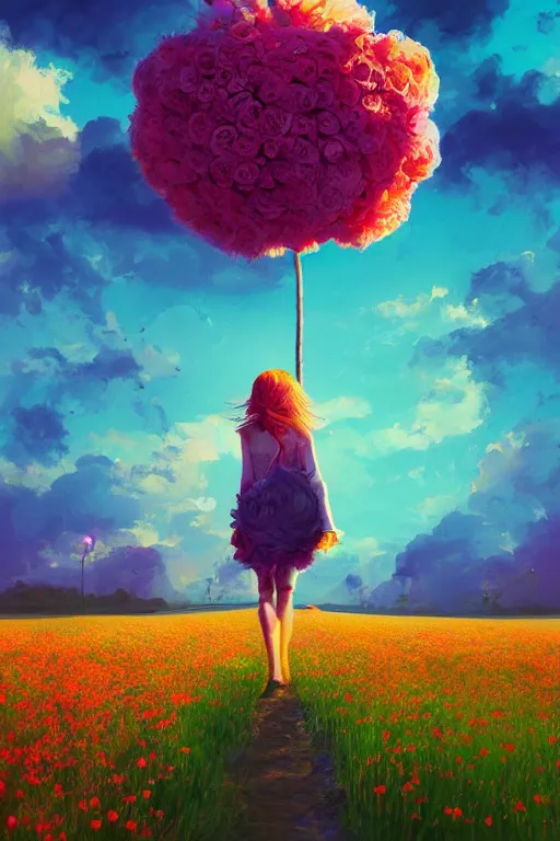 Image similar to giant flower head, girl walking in a flower field, surreal photography, sunrise, dramatic light, impressionist painting, colorful clouds, digital painting, artstation, simon stalenhag