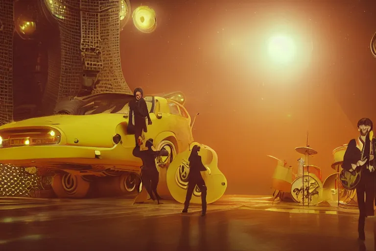 Prompt: the beatles performing on a yellow spaceship, cyberpunk art by mike winkelmann, trending on cgsociety, retrofuturism, reimagined by industrial light and magic, darksynth, sci - fi