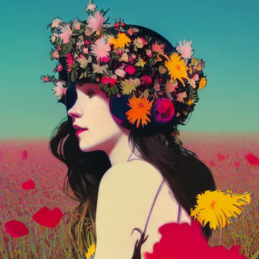 Image similar to a beautiful painting of a girl in a field of flowers with a helmet by andy warhol and conrad roset and alphonse mucha and nekro and greg rutkowski. colorful comic, film noirs, symmetry, sharp lines, hyper detailed. octane render. trending on artstation