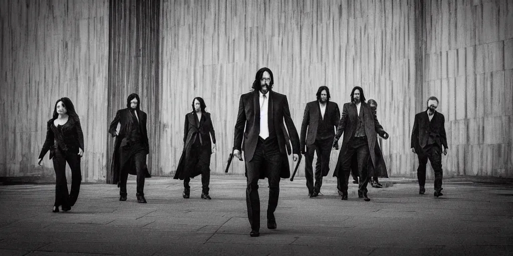 Image similar to John Wick, a black and white photo of a group, an album cover by David Gilmour Blythe, pinterest, bauhaus, tesseract, composition, national geographic photo, flemish baroque