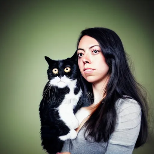 Image similar to a girl that slightly looks like aubrey plaza, with long dark hair holding a cat in her arms, a stock photo by juan villafuerte, pexels contest winner, high quality photo, rtx, hd, shiny eyes, rasquache