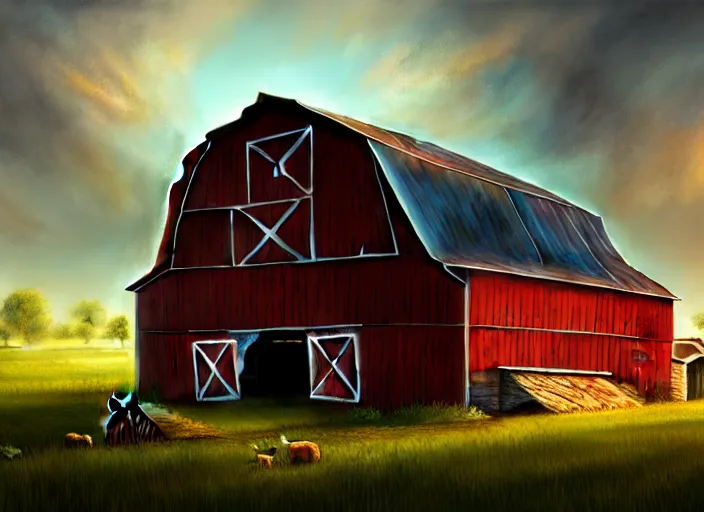 Prompt: A barn at an Iowan farm, barndoors broken open by baba yaga's hut, game art matte painting hyperdetailed, artstation, cgsociety, 8k, surreal dream landscape