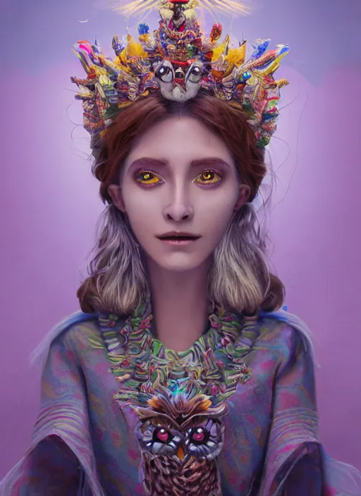 Image similar to an anthropomorphic beautiful goddess female wizard made of owl portrait holding a staff wearing colourful robe, fine art, award winning, intricate, elegant, sharp focus, octane render, hyperrealistic, cinematic lighting, highly detailed, digital painting, 8 k concept art, art by jamie hewlett and z. w. gu, masterpiece, trending on artstation, 8 k