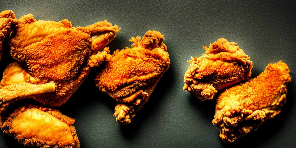 Image similar to photo of fried chicken, close - up, low saturation, diffuse light