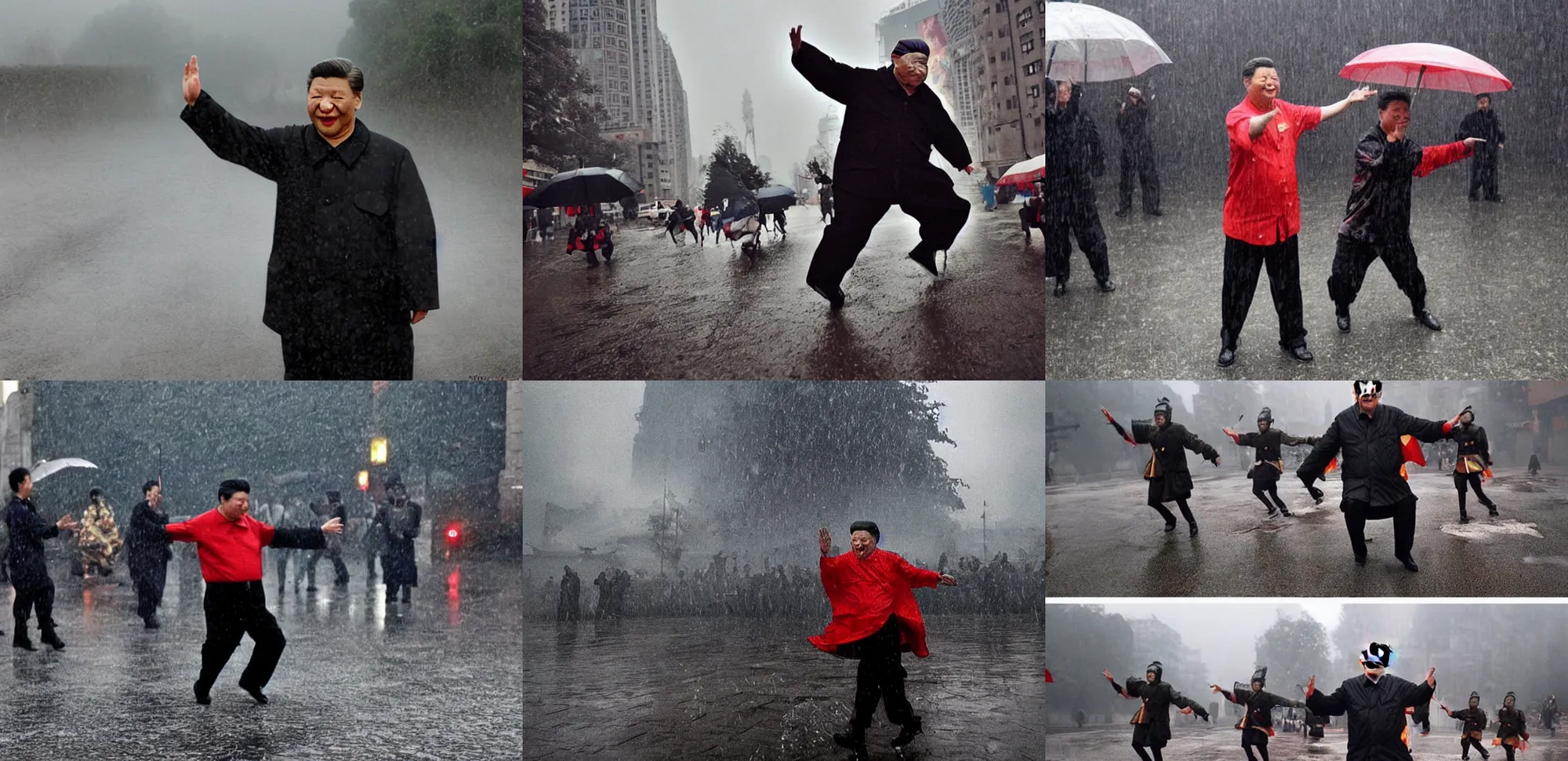 Prompt: xi jinping dancing, heroic shot, post apocalyptic, medieval times, in the rain, wide shot