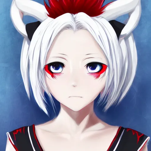 Image similar to white hair red eyes two small horn on the head anime style anime girl