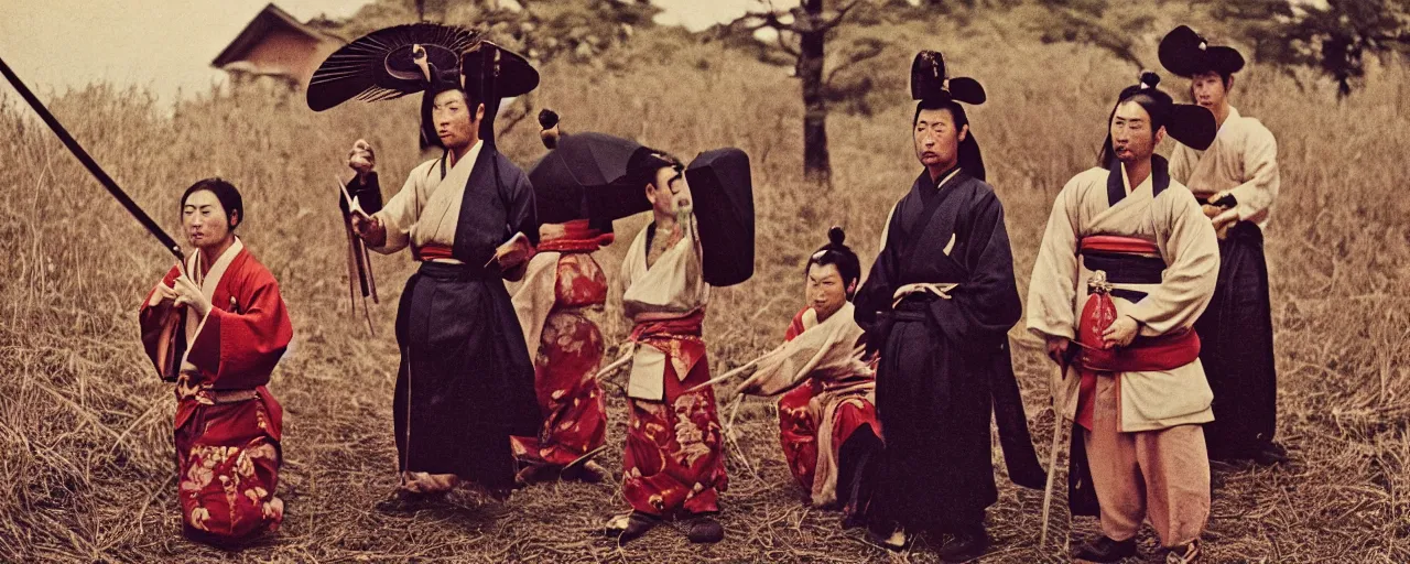 Prompt: 1 8 0 0 s japanese samurai cutting through spaghetti, rural, in the style of diane arbus, canon 5 0 mm, wes anderson, kodachrome, retro