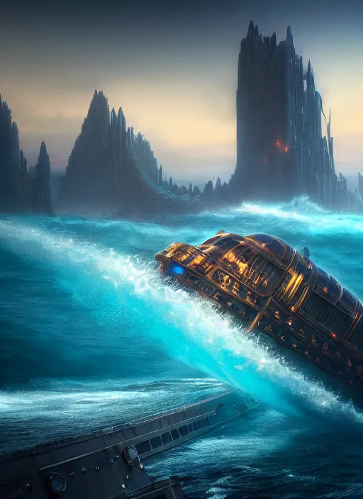 Prompt: epic matte painting of atlantis sinking into the ocean, cinematic, hyper realism, high detail, octane render, unreal engine, 8 k, vibrant color, futuristic toaster with complex circuitry, by andrea chiampo and chet zar