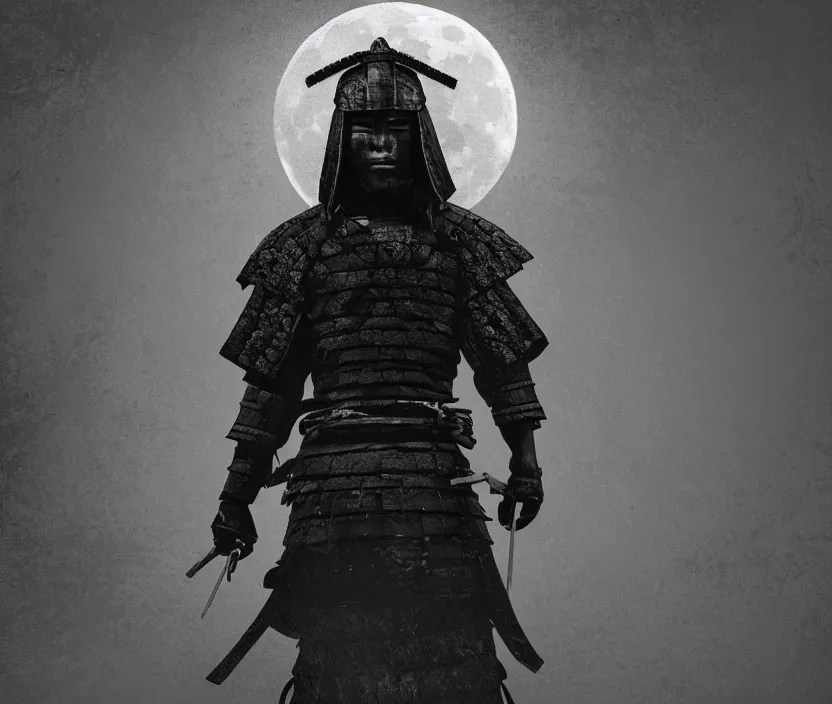 Image similar to '2d design graphic a samurai in the night ,big white moon background , gloomy and foggy atmosphere, octane render, horror scene, highly detailded , black and white ink '