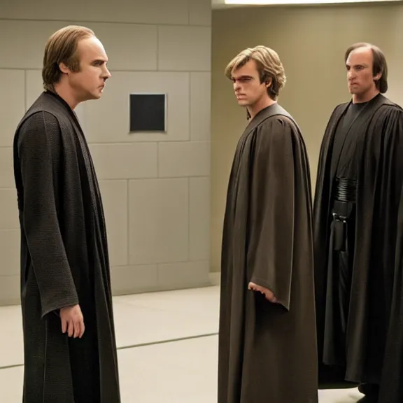 Image similar to anakin skywalker played by hayden christensen wearing jedi robes is talking to lawyers saul goodman played by bob odenkirk wearing a suit and kik wexler played by rhea seehorn in court, better call saul court scene 1 0 8 0 p, jimmy mcgill in court, court session images, realistic faces