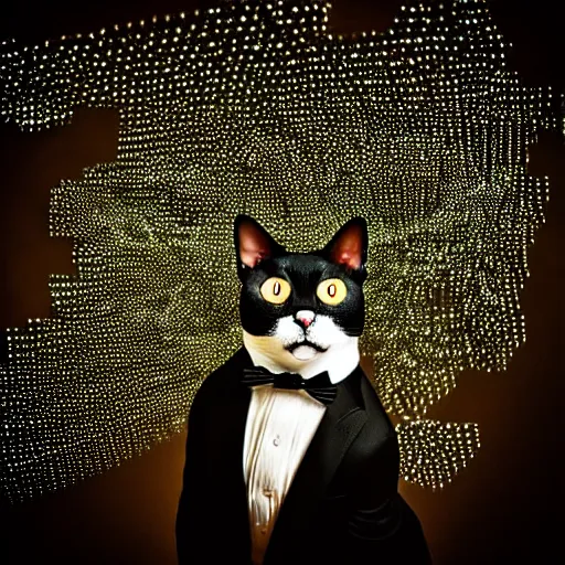 Image similar to A tuxedo housecat with playing with a swarm of glowing nanobots. iphone photograph 35mm. studio lighting. trending on instagram.